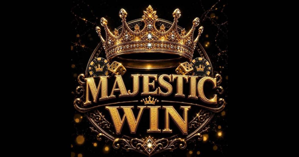 Majestic Win Casino Hero Banner - Luxury Casino Lobby with Gold Crown and Red Carpet